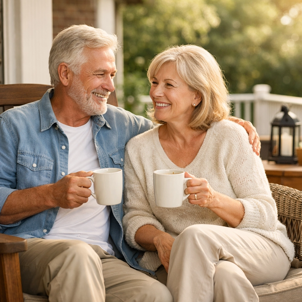 Retired couple relaxing on a Tennessee home porch, enjoying retirement security.