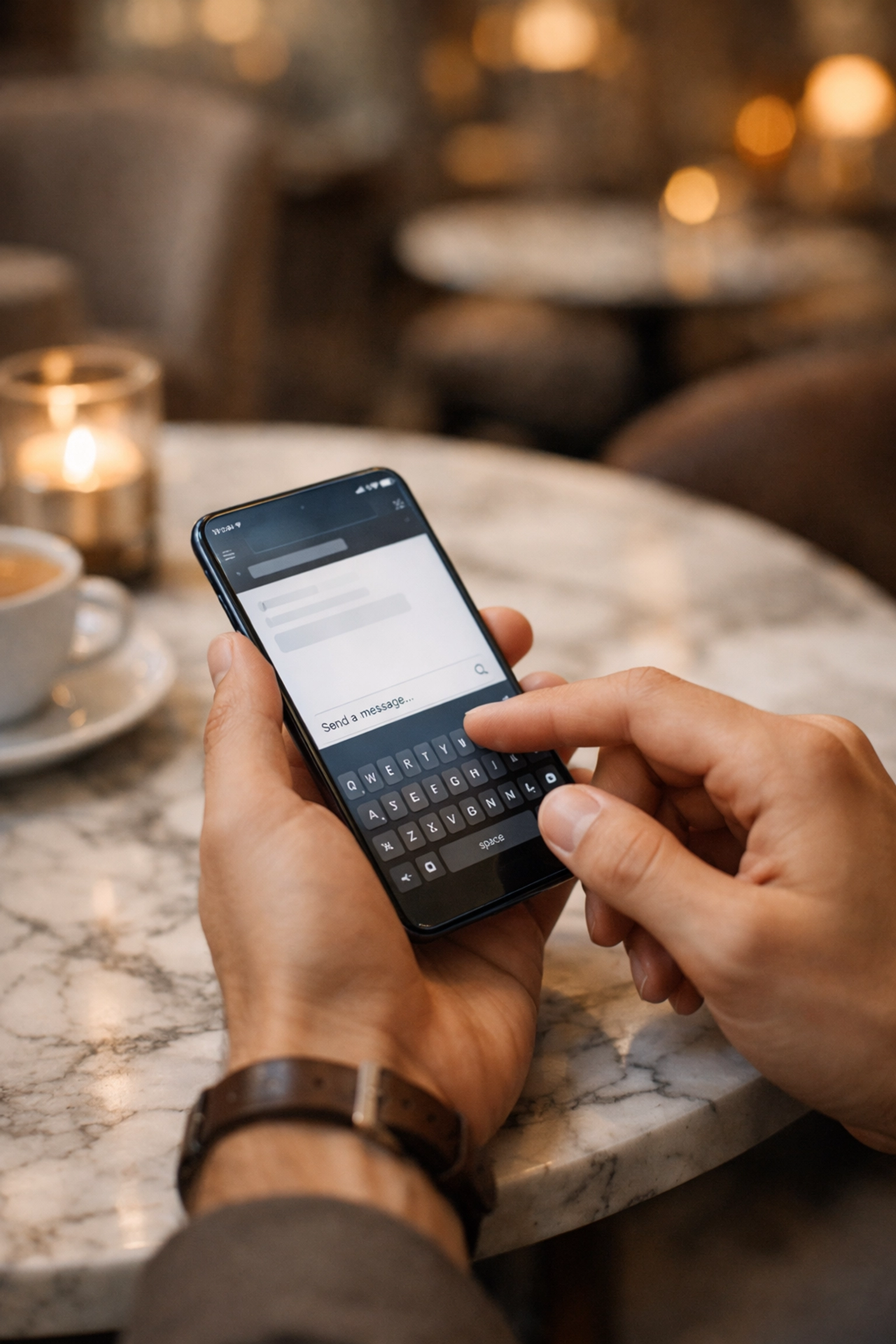 Guest making a secure mobile reservation using a smartphone in a sophisticated hotel setting.