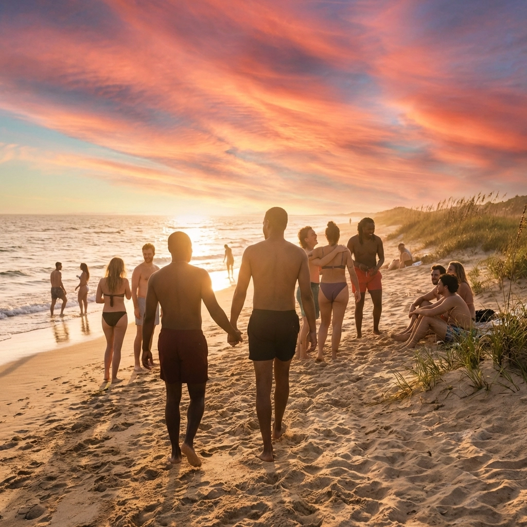 LGBTQ+ naturists enjoying sunset beach freedom and body positivity