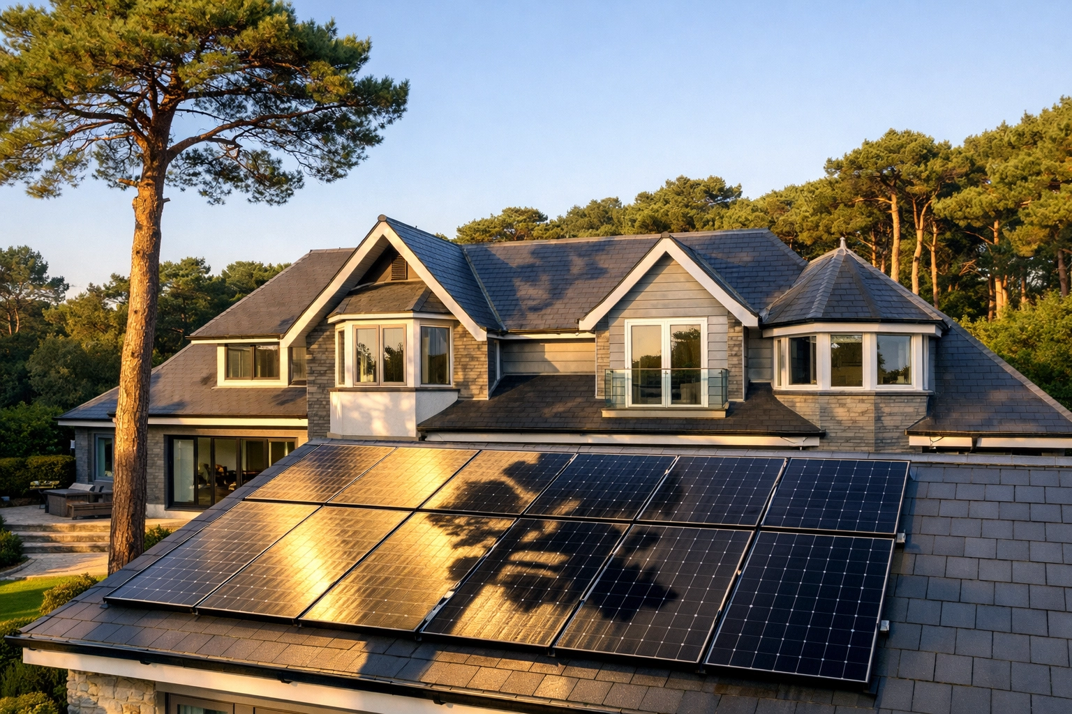 Solar panels on a complex Bournemouth roof partially shaded by trees, illustrating the need for optimizers.