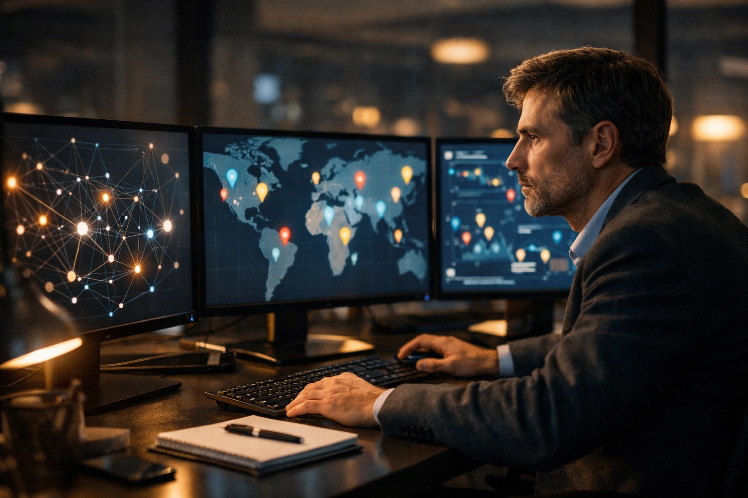 Cinematic analyst workspace with multiple monitors showing abstract source signals and map pins—no readable text.