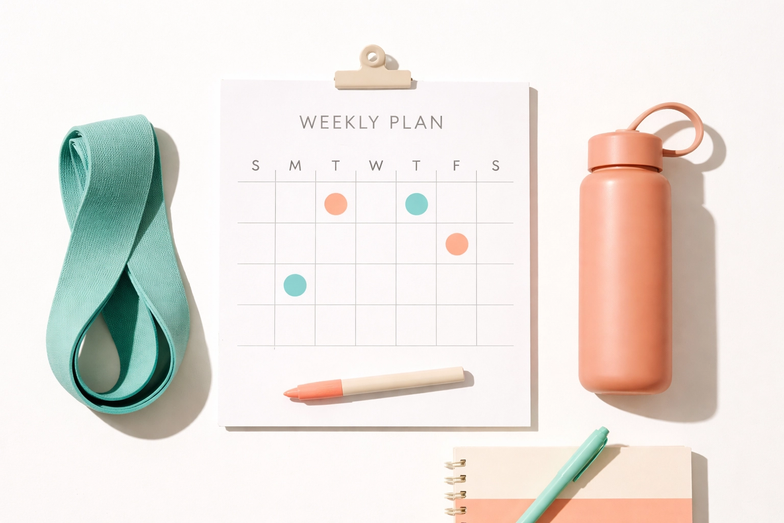 Flat-lay of weekly fitness planning essentials for building a lasting foundational fitness routine