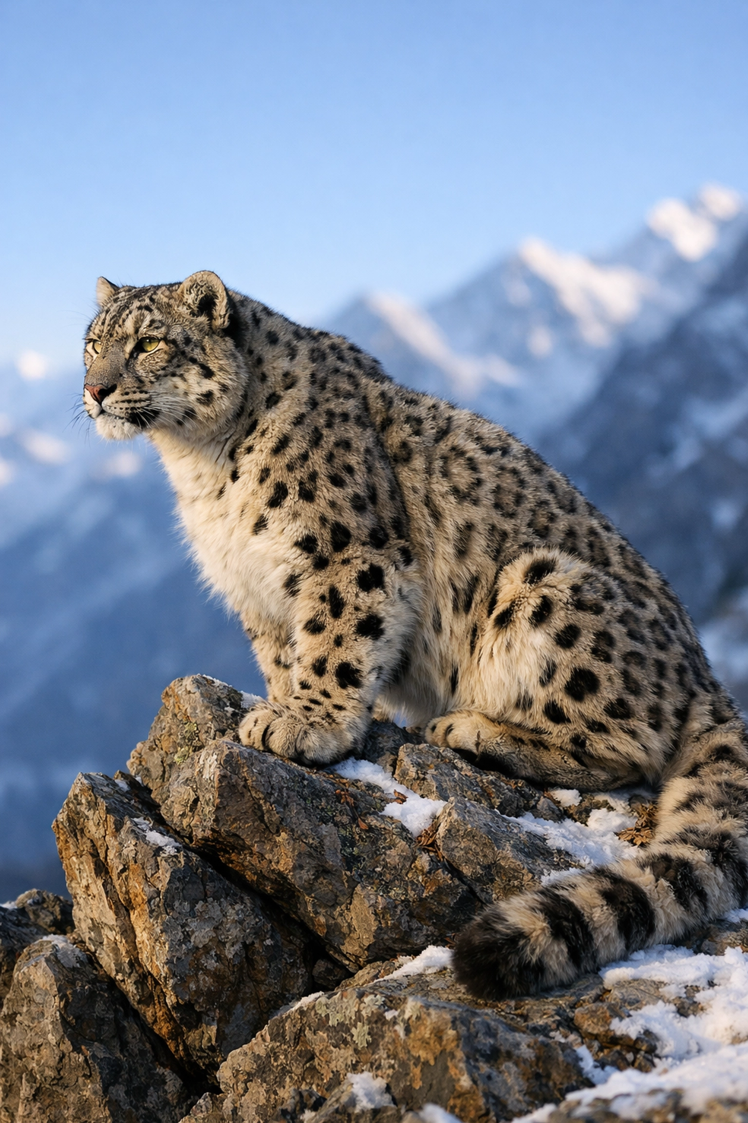A snow leopard on mountain rocks, illustrating authentic conservation photography for brand storytelling.