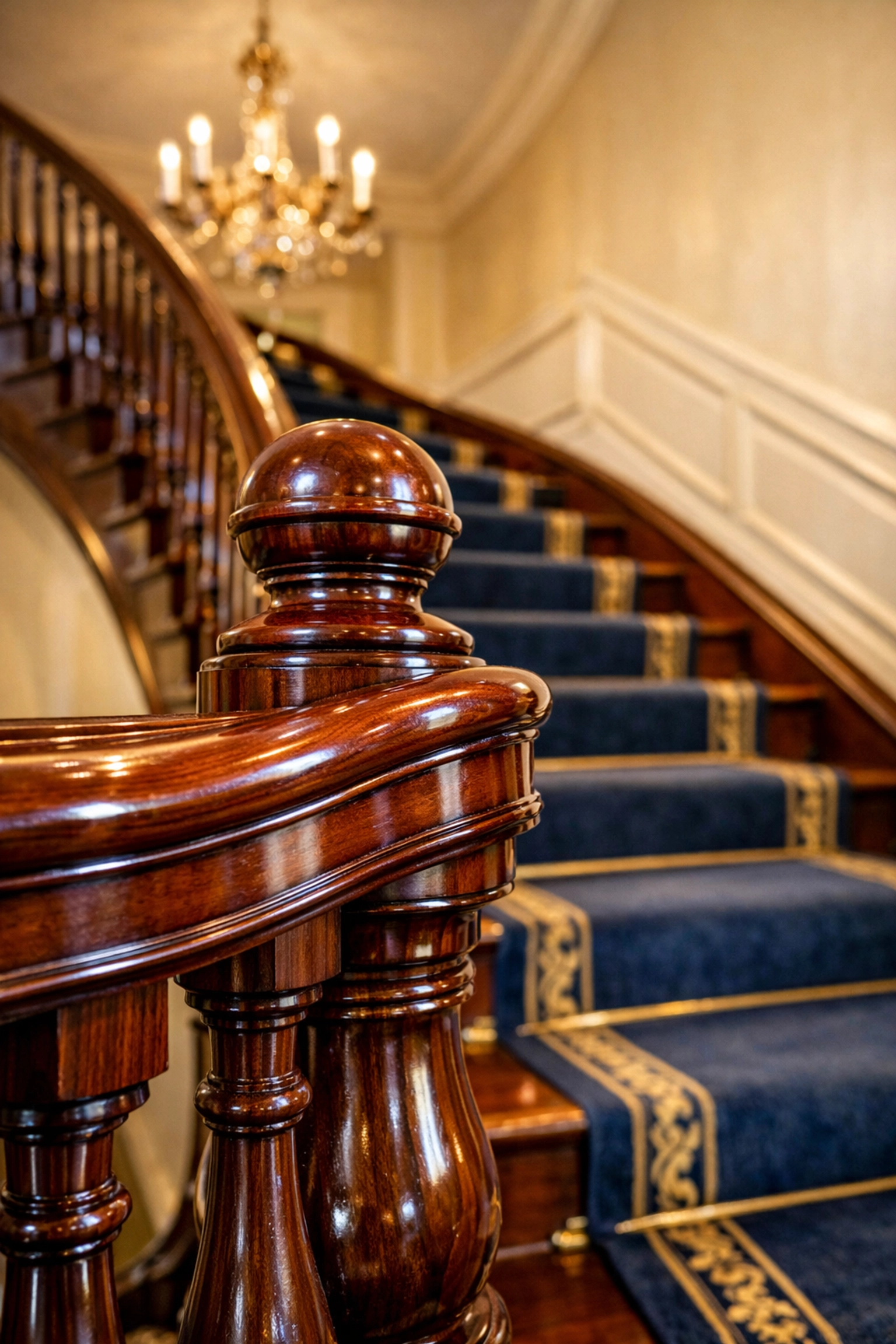 Polished mahogany banister in a historic home, a specialty of luxury house cleaning Southborough MA.