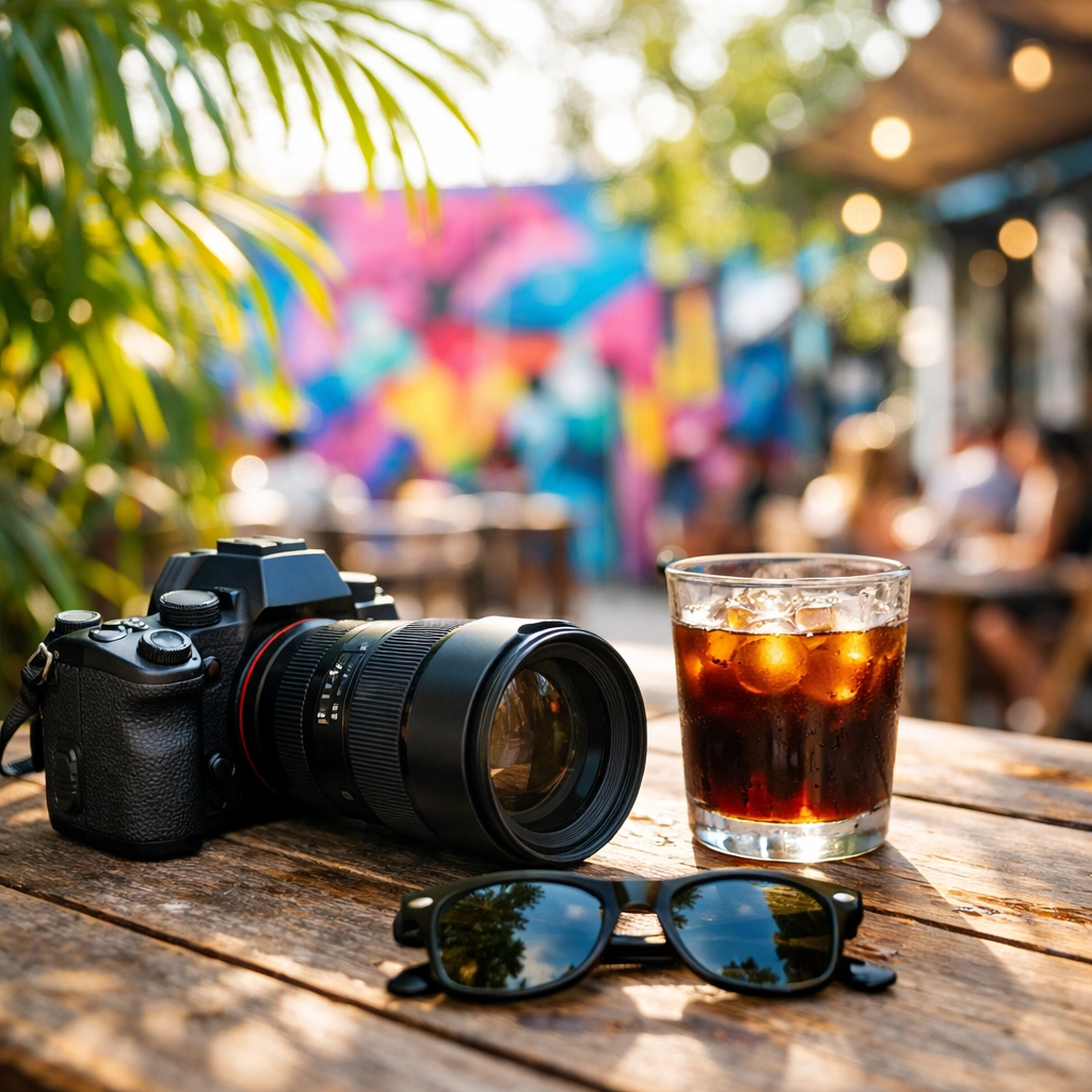 Professional camera gear at a Wynwood cafe capturing the creative commercial photographer lifestyle in Miami.
