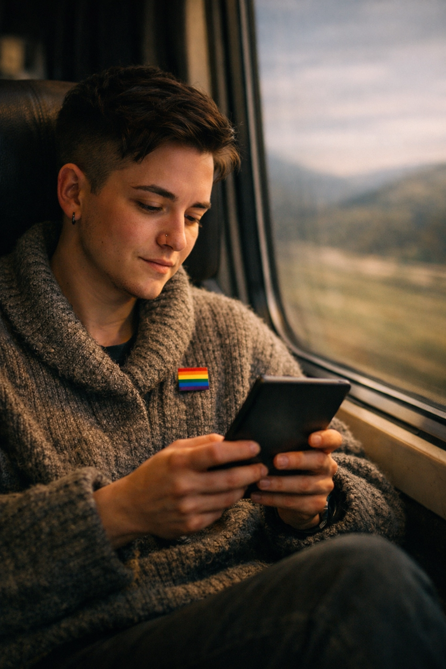 A trans traveler reading an LGBTQ+ ebook on an e-reader while taking a train through the countryside.