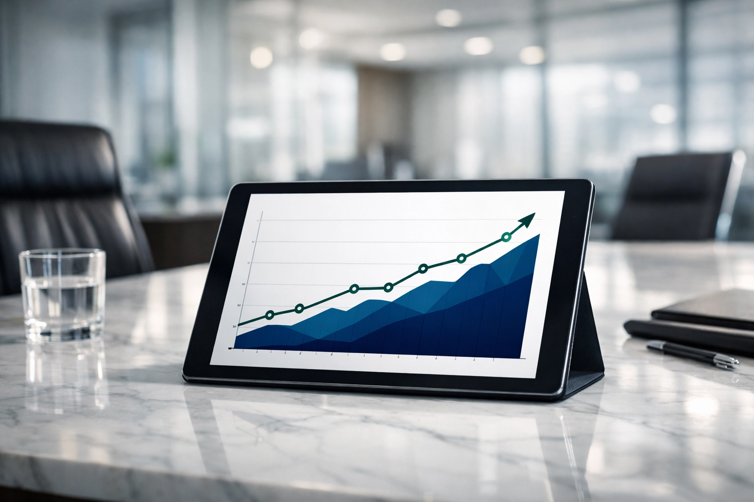 Growth chart on a digital tablet illustrating marketing budget benchmarking and ROI.