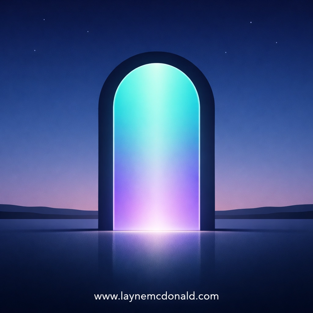 A glowing geometric archway in a quiet landscape, symbolizing a spiritual threshold for creative professionals.
