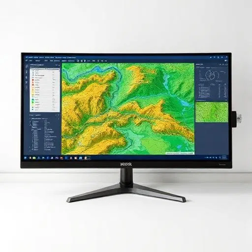 Widescreen monitor showing 3D GIS analysis