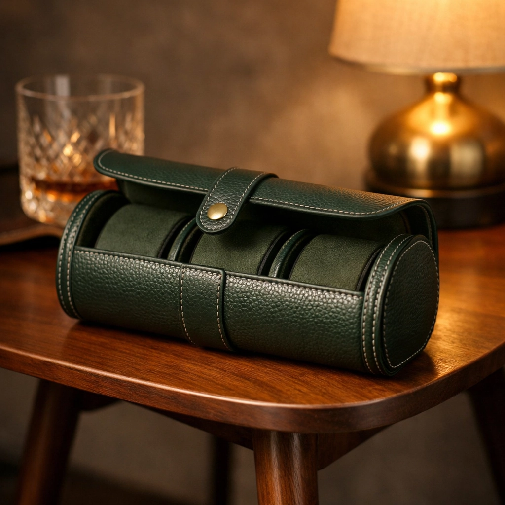 Handcrafted leather watch roll showcasing an expertly curated collection of luxury timepieces.