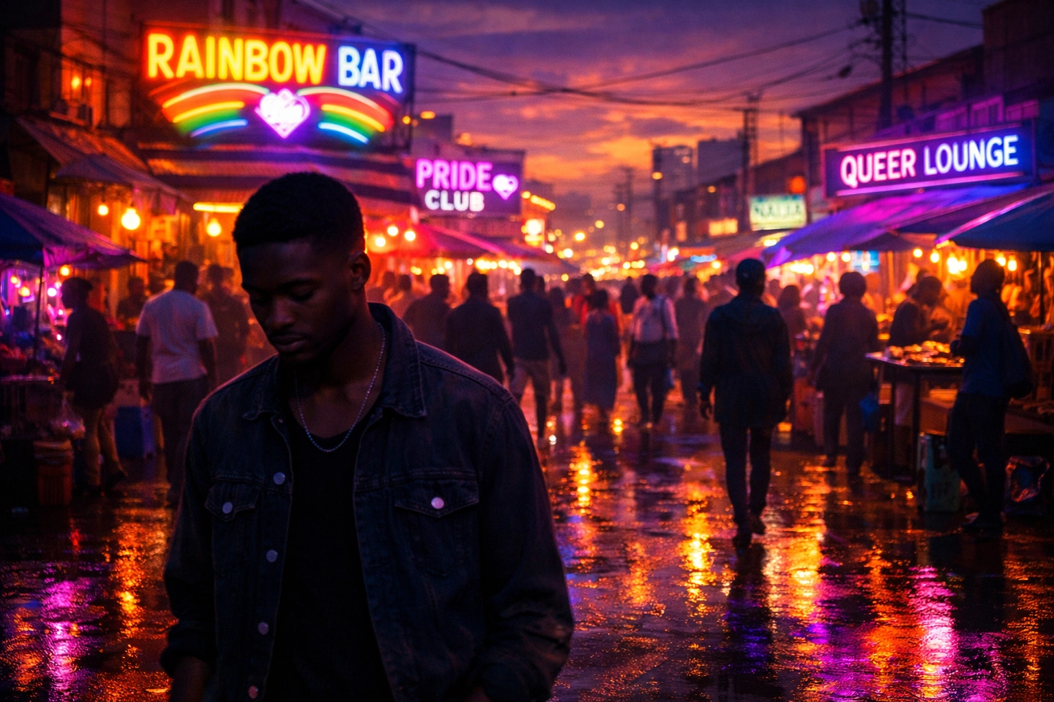 Young Black gay man walking alone through crowded Lagos street at dusk feeling isolated