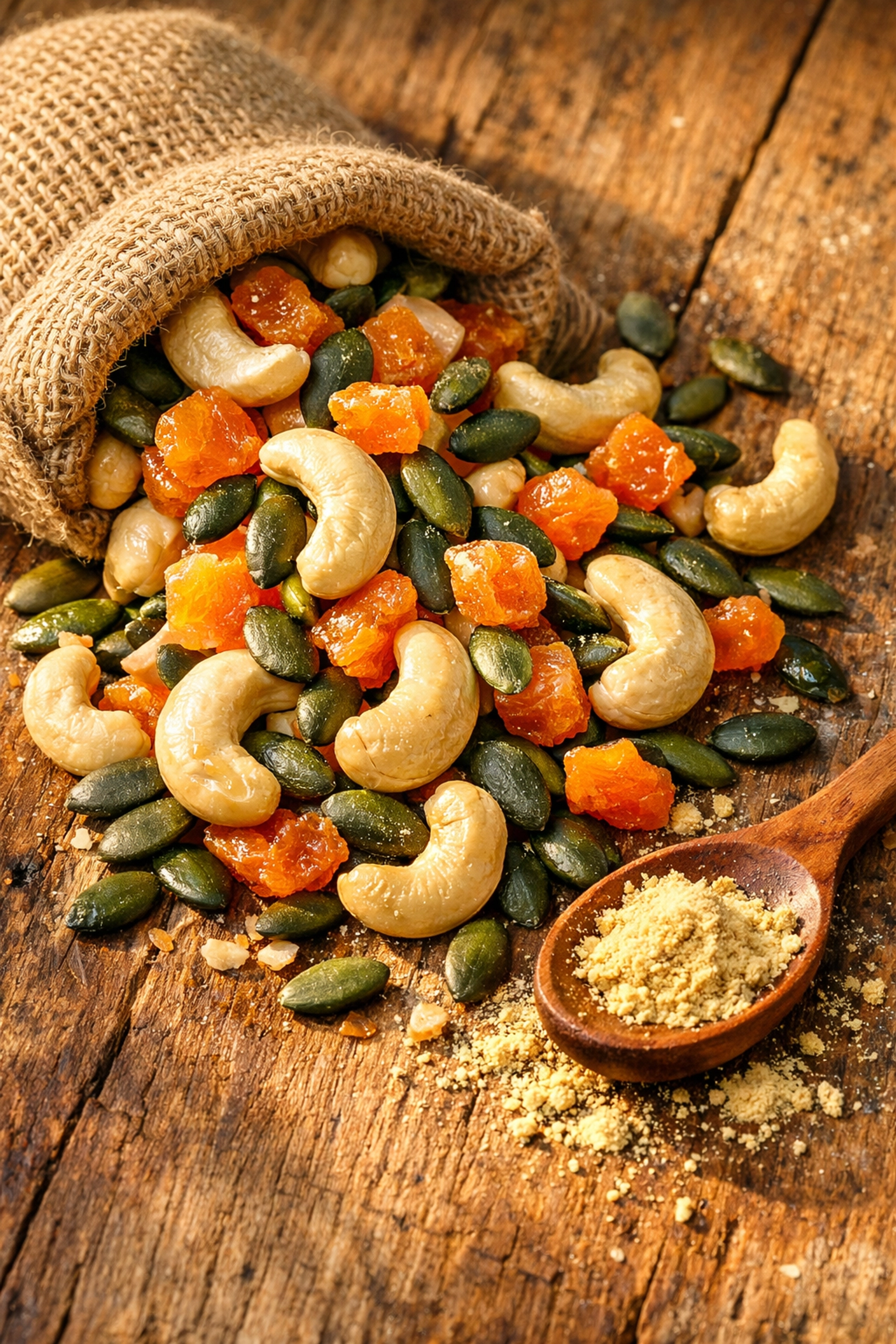 Healthy summer trail mix with cashews and apricots spilling from a jute bag, a perfect energy booster.