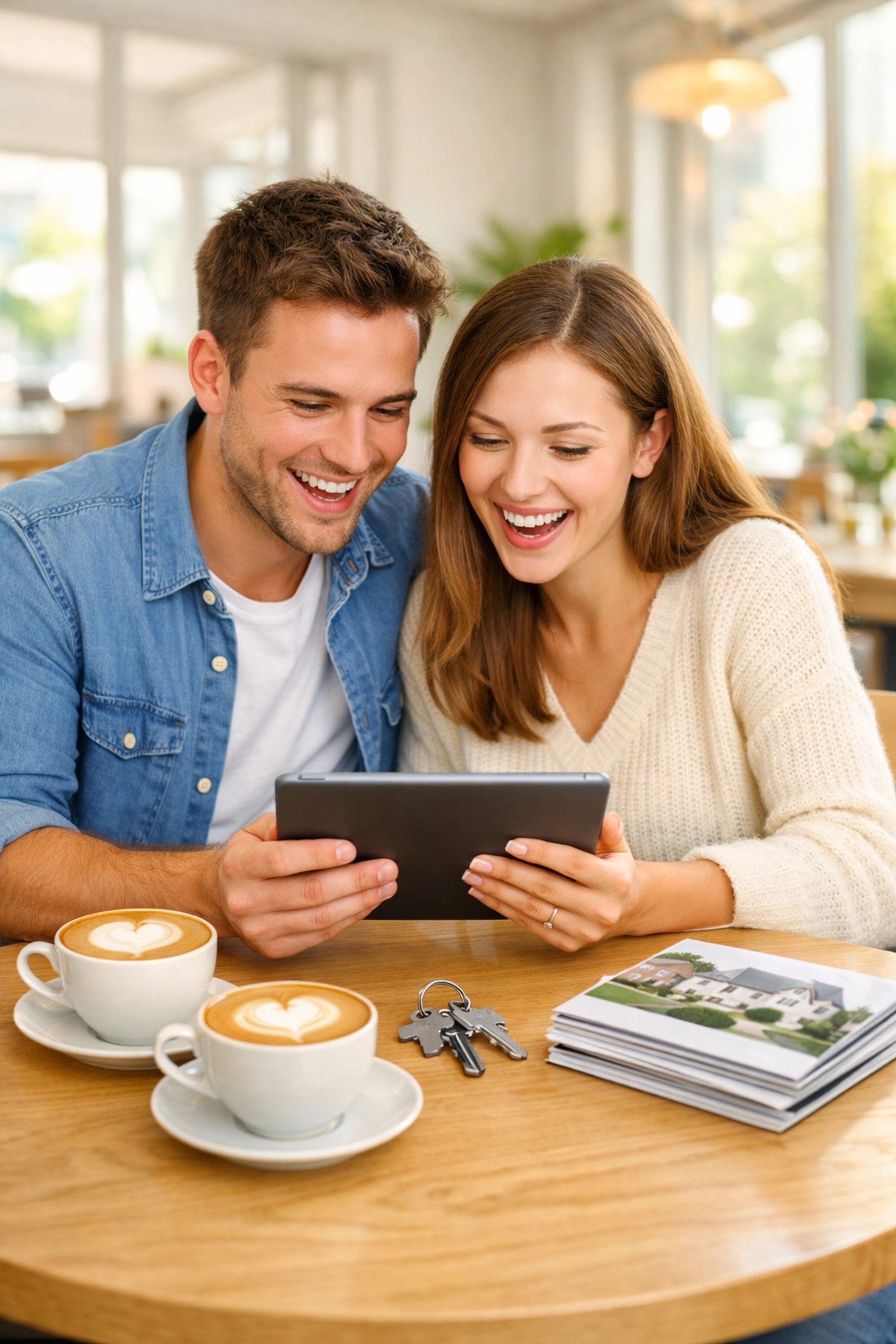 Happy couple in a Woking cafe celebrating finding the perfect home deal with a mortgage broker Woking.
