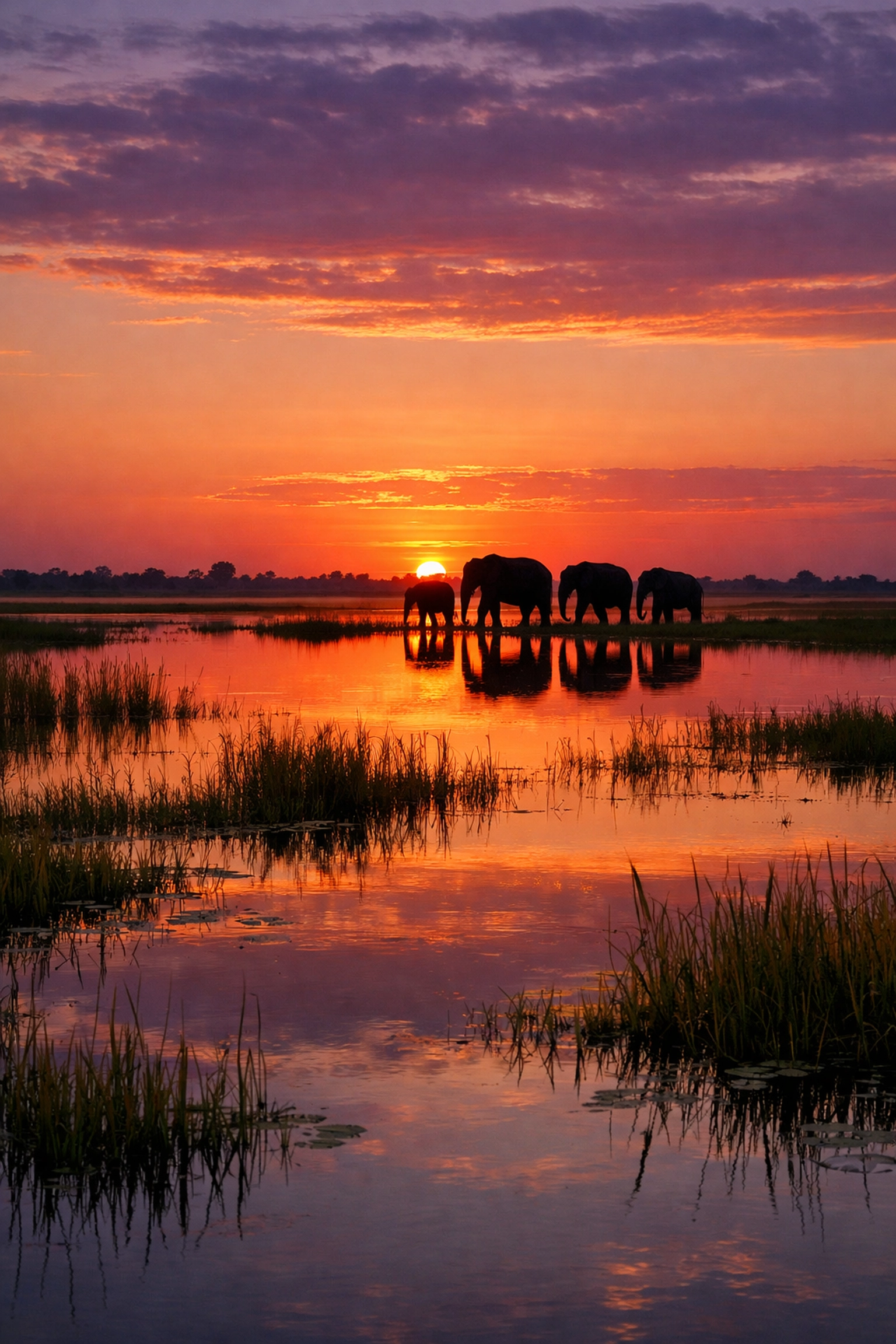 Herd of elephants silhouetted in a lush wetland at sunset, showing the results of successful wildlife protection.