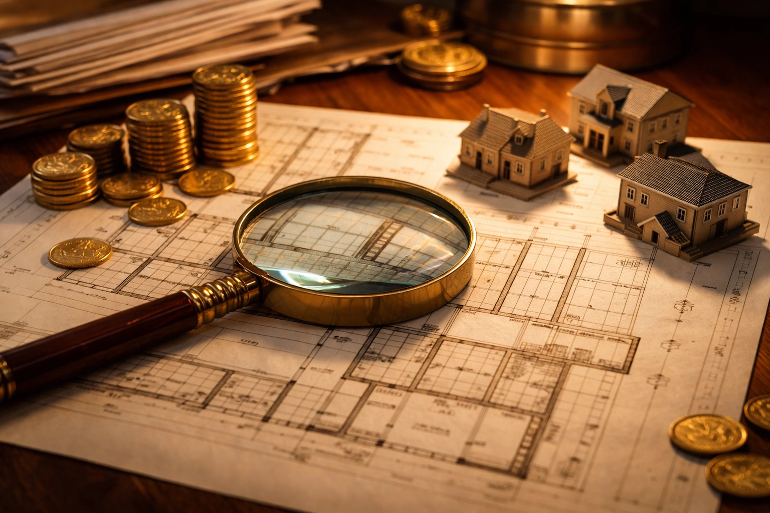 Magnifying glass over blueprints, coins, and property models, highlighting thorough due diligence in private investments