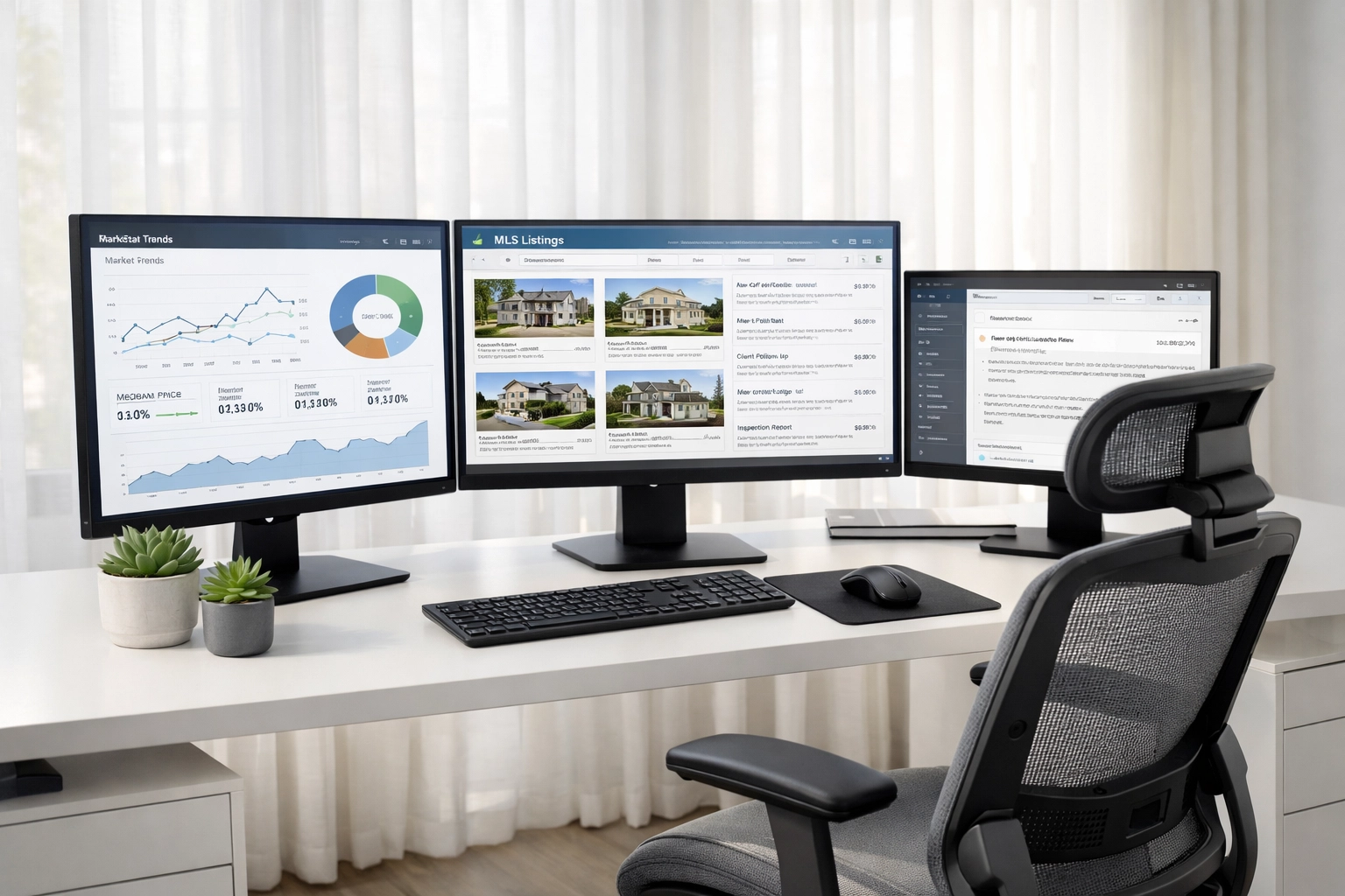 Real estate professional monitoring MLS listings and price changes on multiple screens