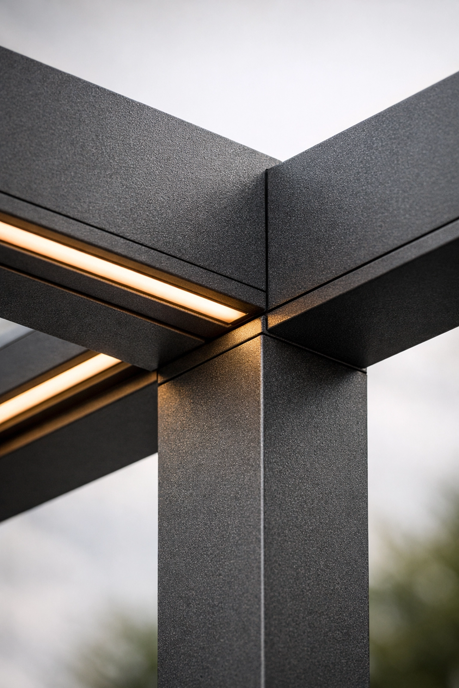 Präzise verarbeitete Terrassenüberdachung Aluminium in Anthrazit mit moderner LED-Beleuchtung.