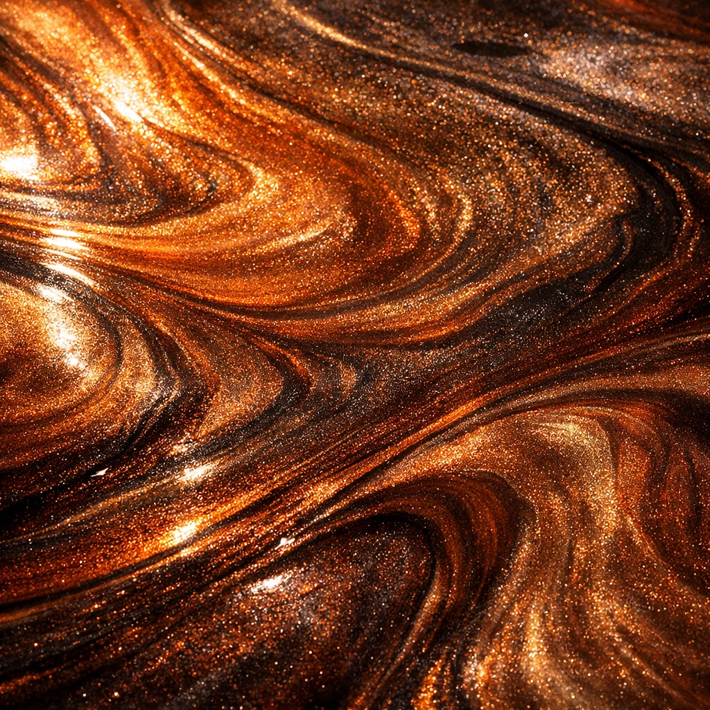 Close-up of swirling metallic epoxy floor coating patterns in bronze tones