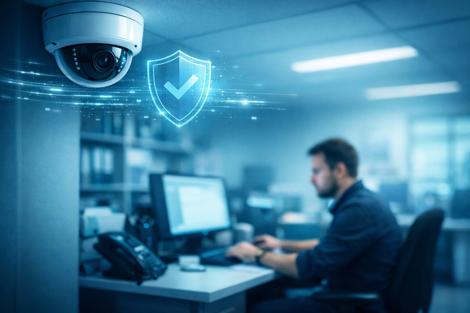 Modern Michigan office with a security camera ensuring employee safety and real-time emergency response integration.