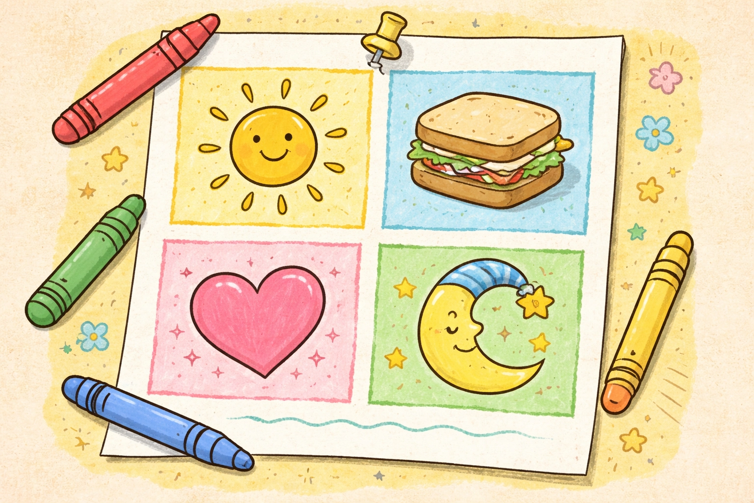 Closeup of a child's planning sheet with hand-drawn sun, sandwich, moon, and heart symbols for daily activities.