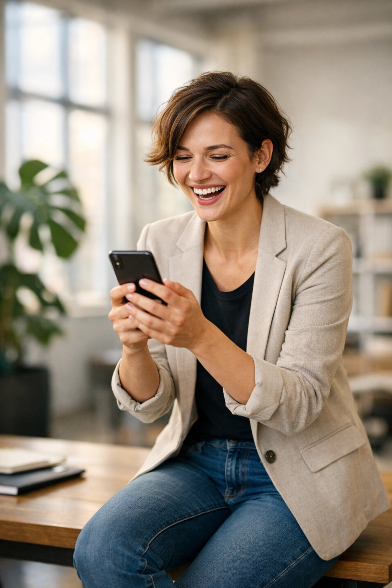 Business owner using a smartphone to build human connection on TikTok in a professional office setting.