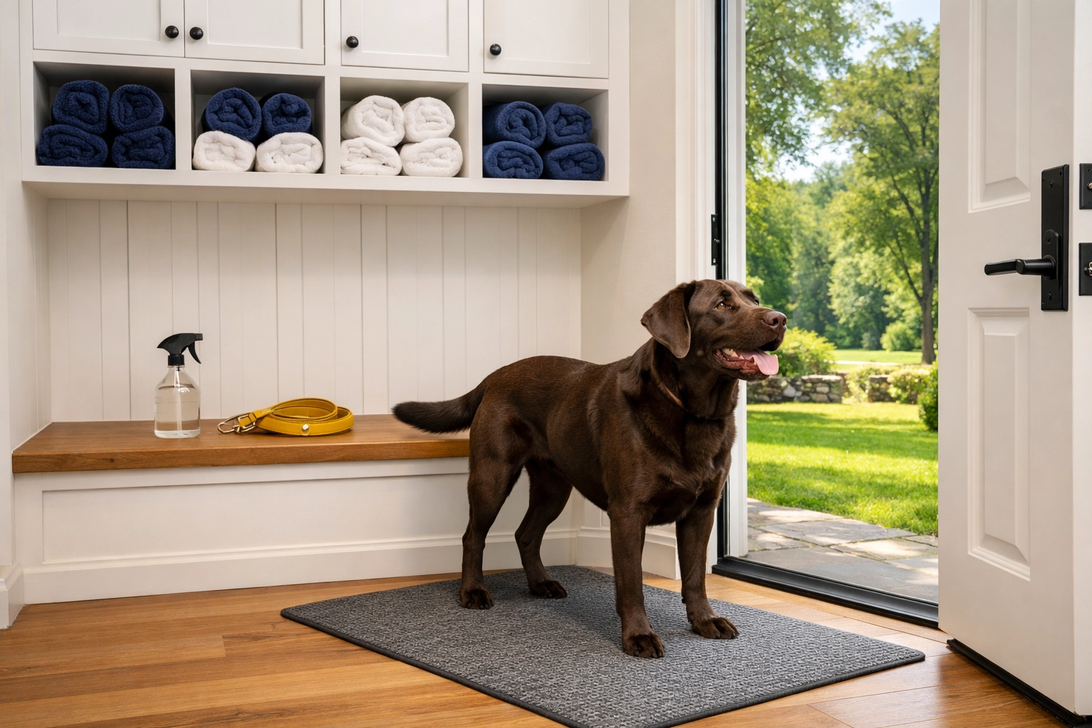 Clean Harvard mudroom entryway with a Chocolate Labrador and neatly organized pet supplies.