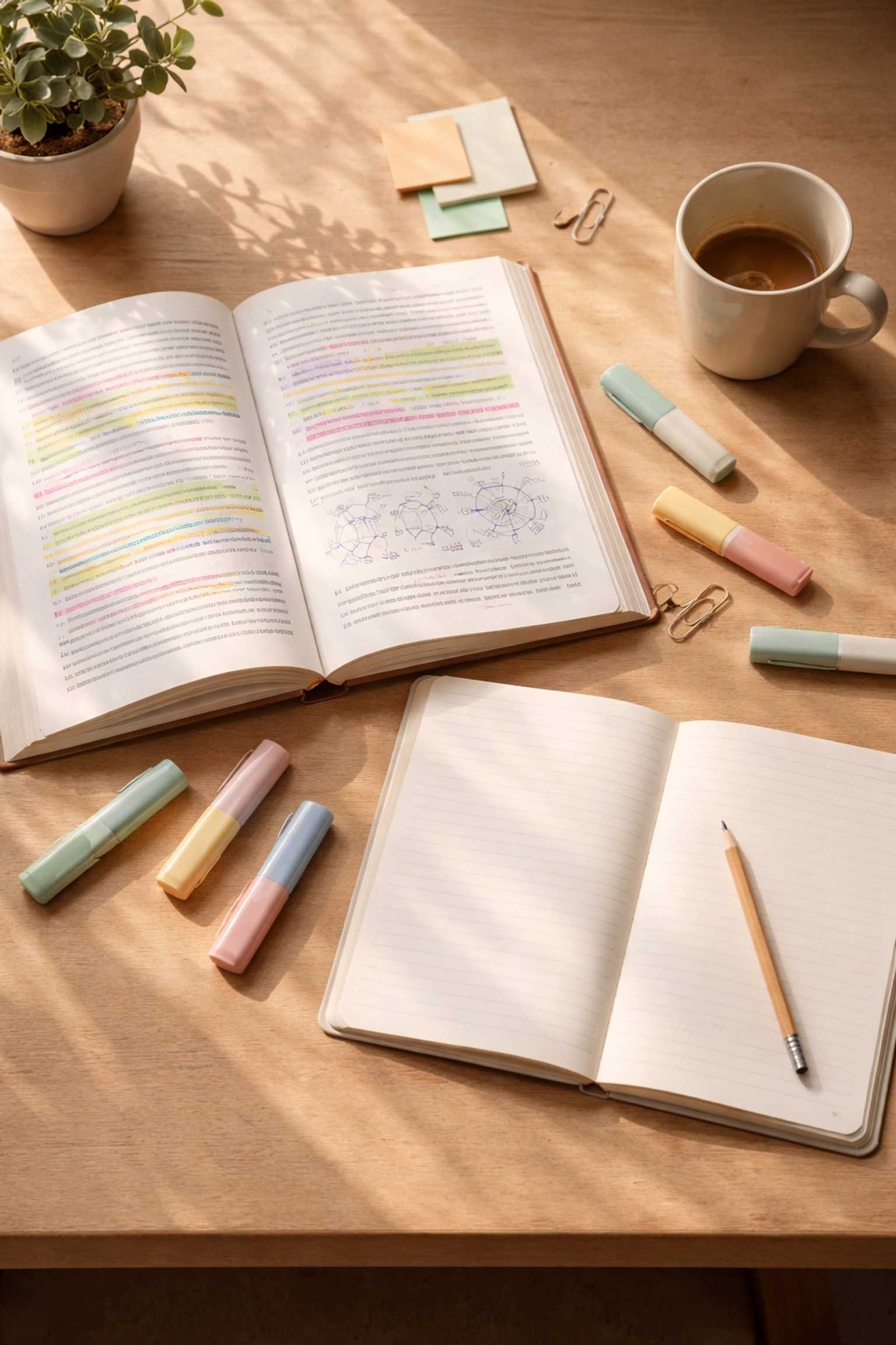 Overhead view of a student's chemistry workspace with highlighted notes and unused notebook, illustrating passive revision frustration