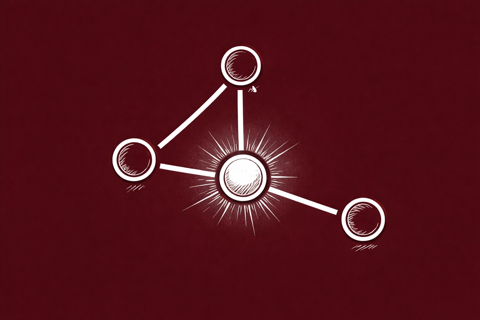 Minimalist network diagram showing agencies and creators connected to a glowing central node, illustrating shared trust systems and collaborative strength.