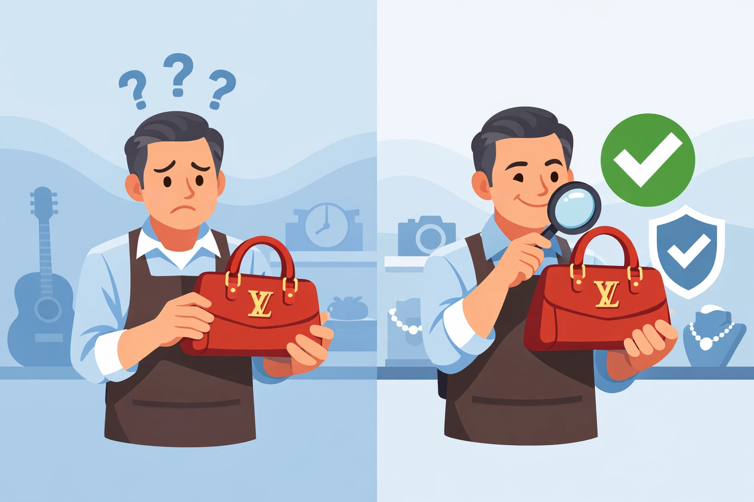 Pawn shop owner uncertain about luxury handbag authentication versus confident verification with shield protection