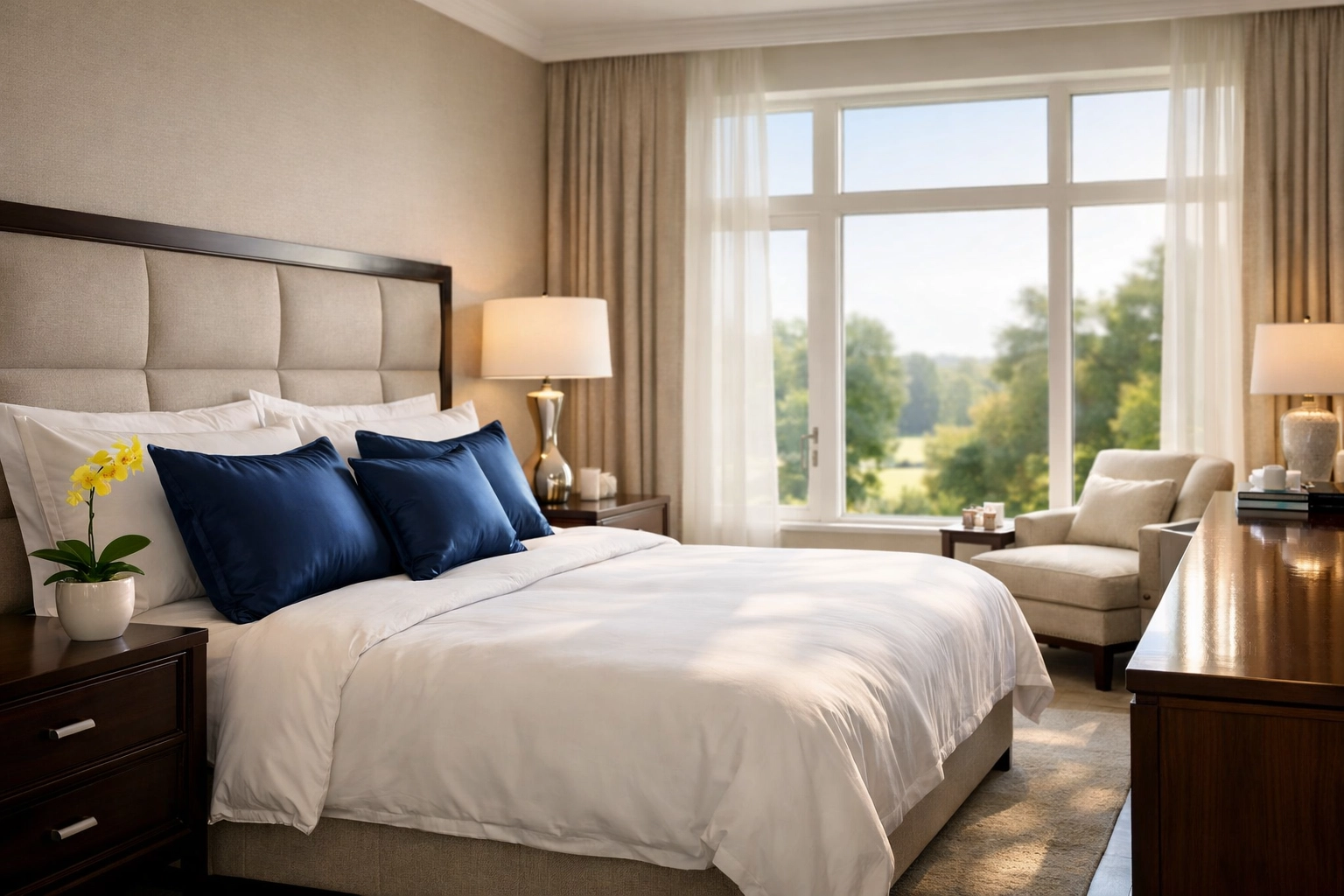 Pristine master bedroom in a Carlisle luxury home offering a serene and spotless sanctuary.