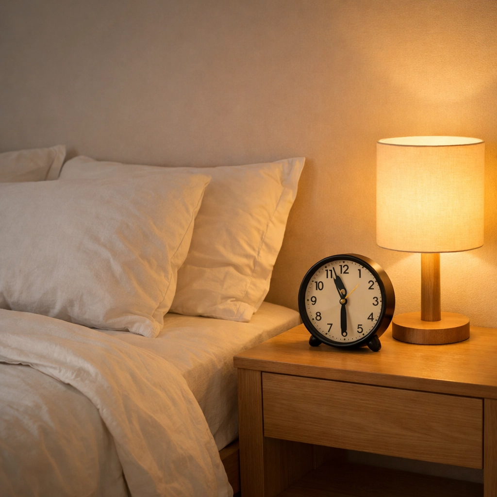 Organized bedroom with clock at 11:30 PM bedtime for consistent 7-hour sleep schedule