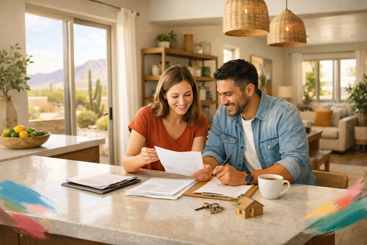 Couple reviewing home buying paperwork at kitchen island in a modern Arizona home