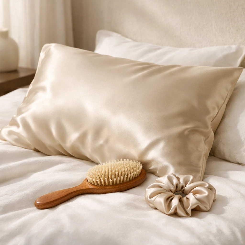 Silk pillowcase and gentle hairbrush for daily maintenance between hair salon appointments in Concord.