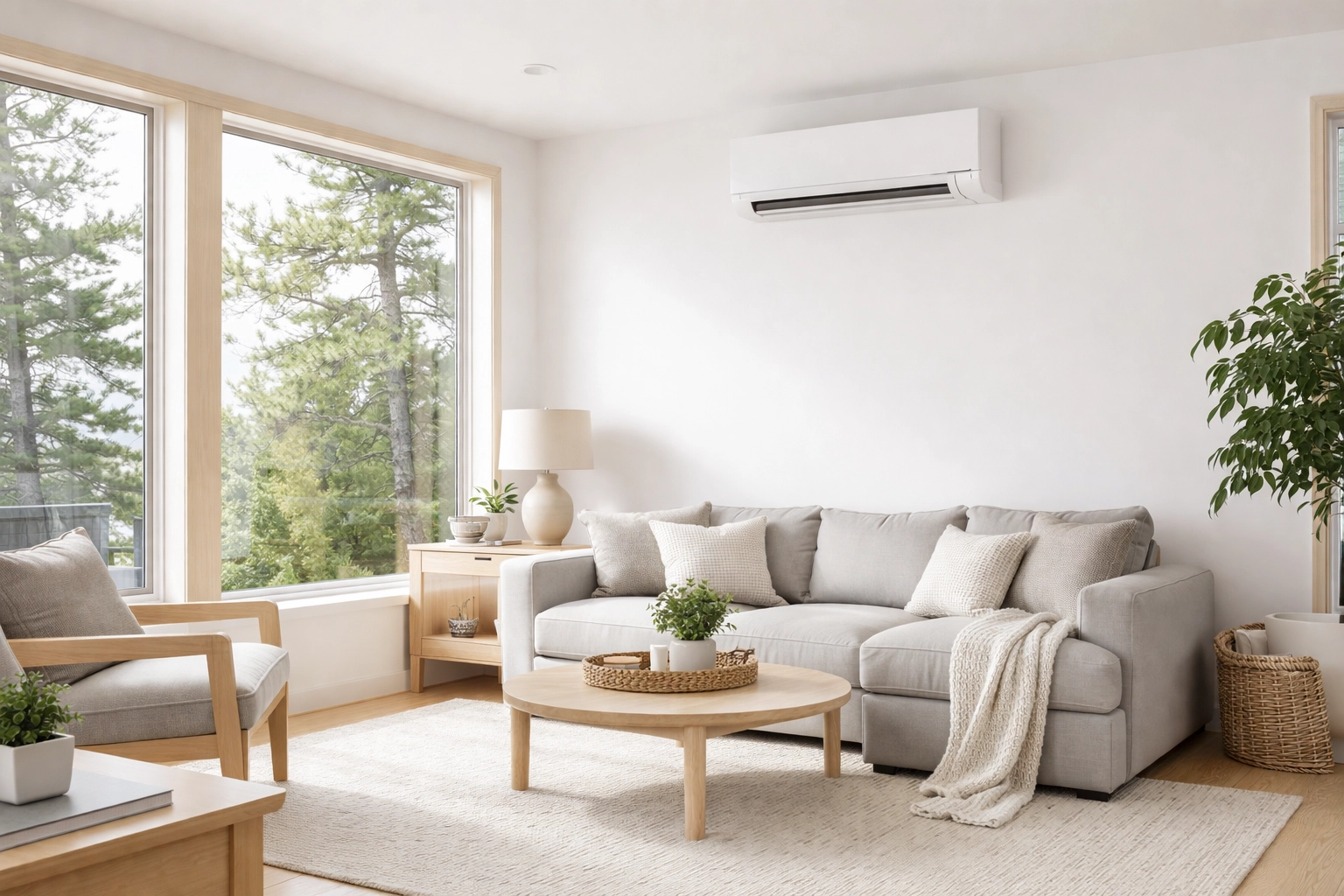 Ductless mini-split heat pump installed in a modern Maine living room with natural light