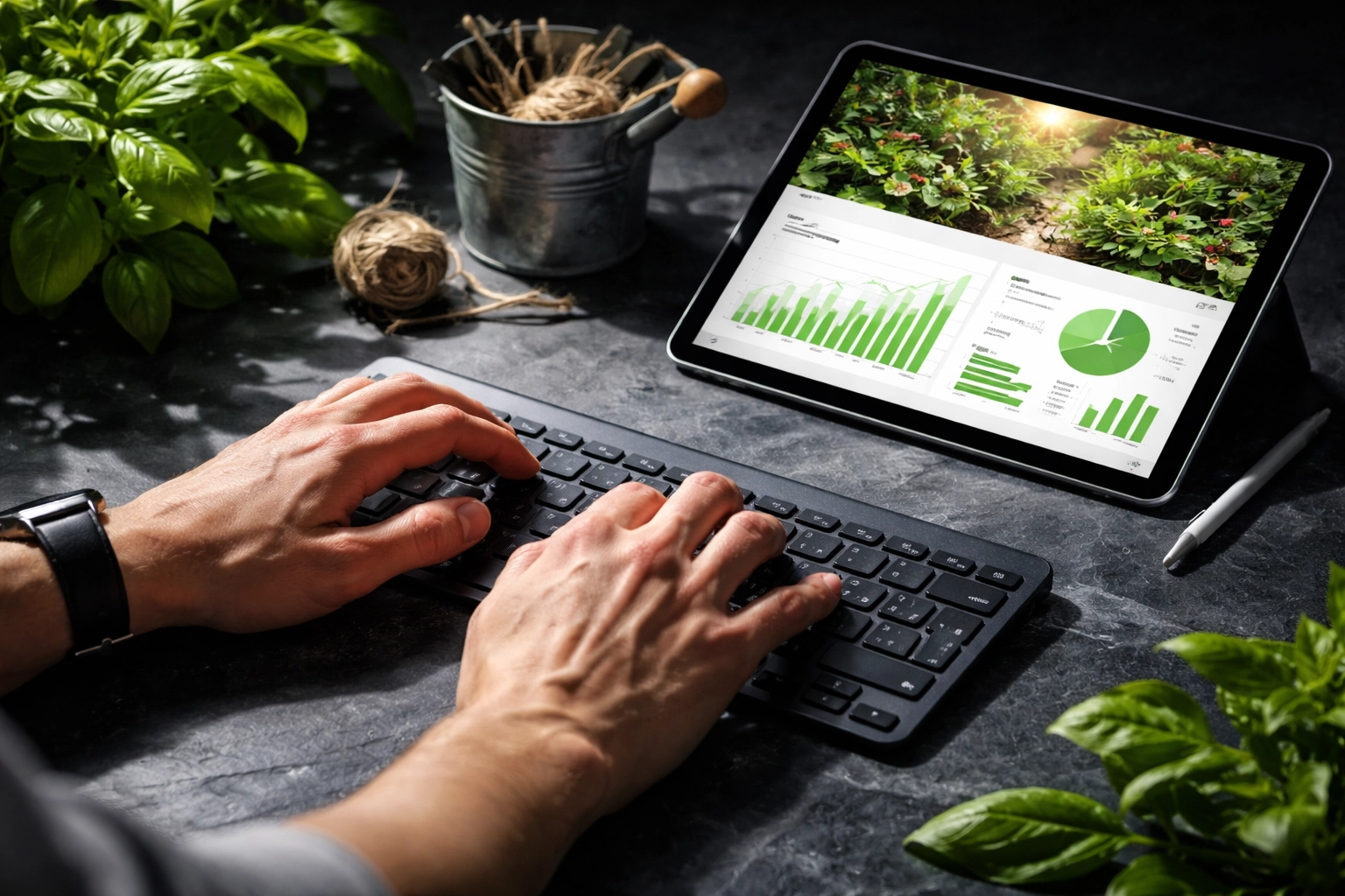 Hands typing on a keyboard next to a tablet with garden analytics, symbolizing expert content creation for garden services.
