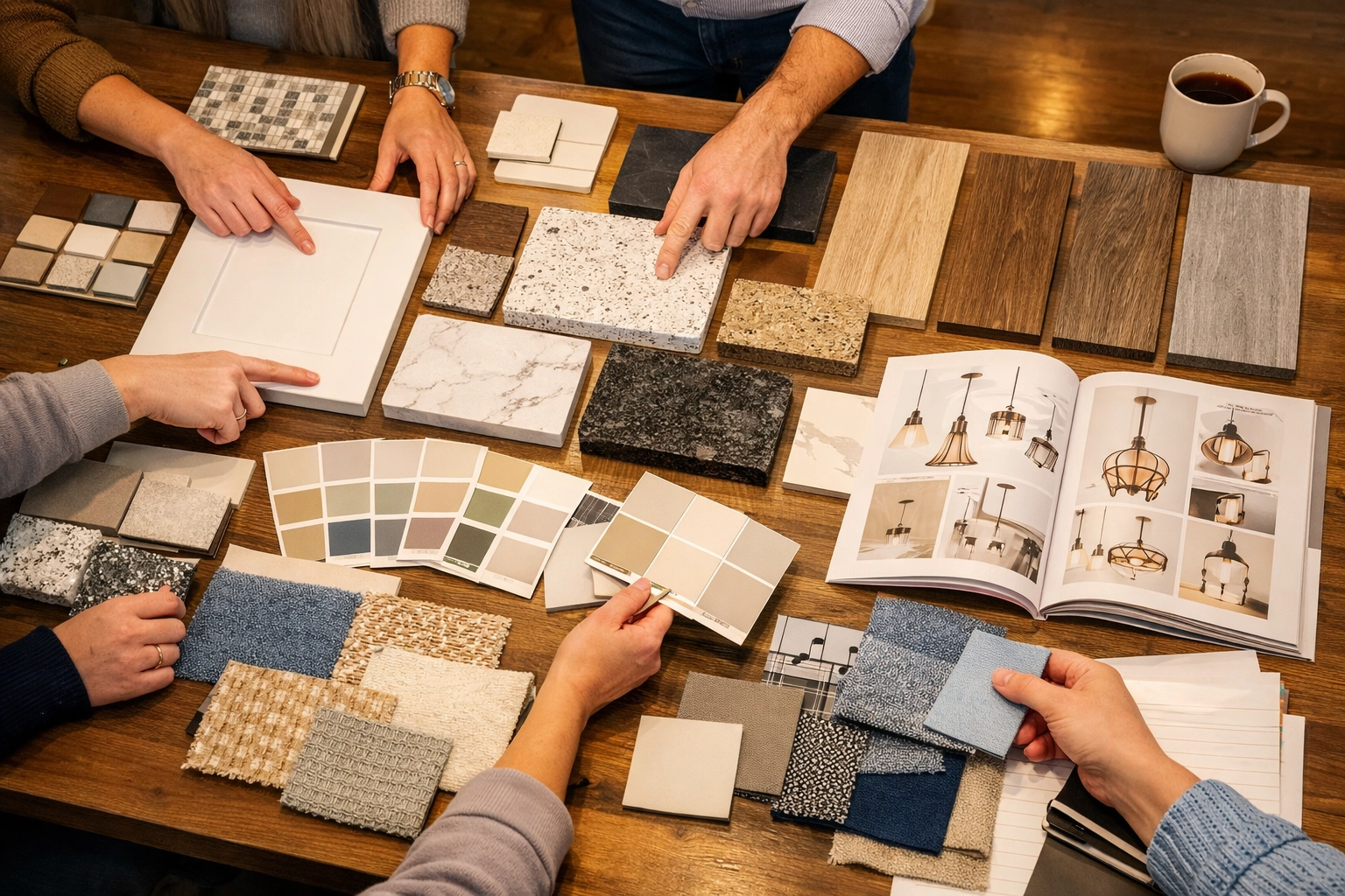 Design selection meeting showing countertop, flooring, and finish samples for custom home in Wilmington NC