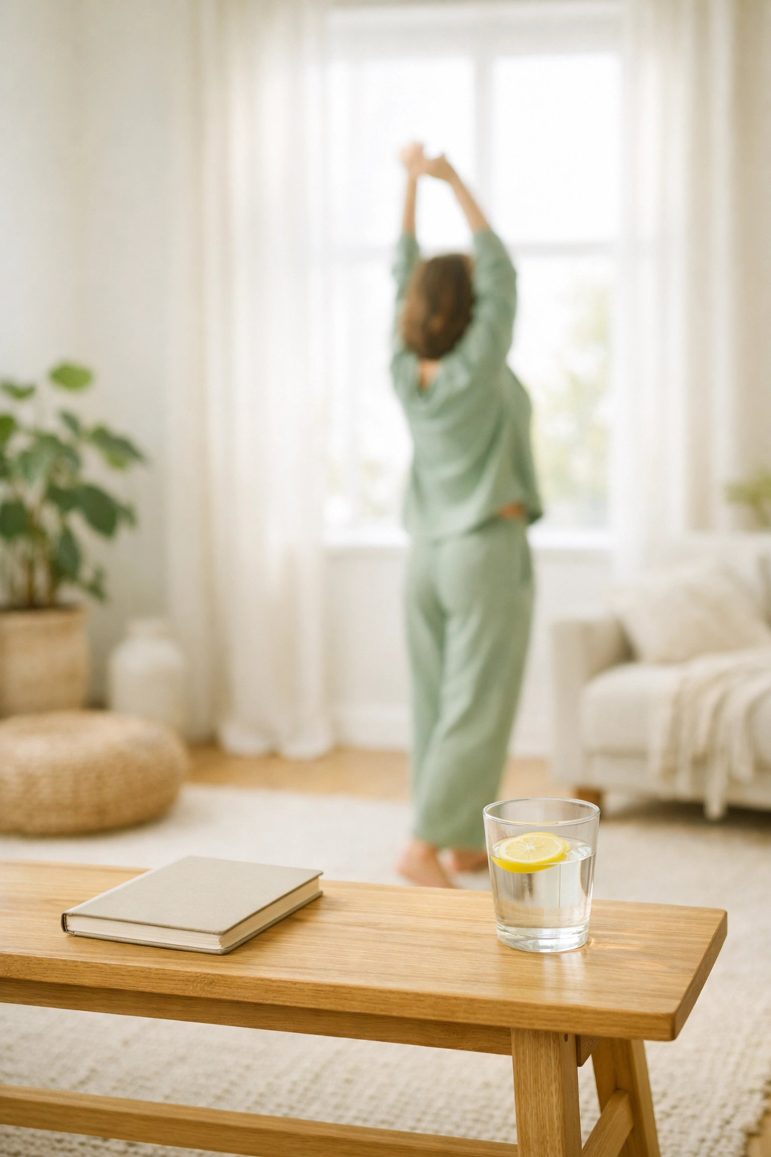 A woman stretching in a minimalist living space to practice movement before screens for ADHD focus.