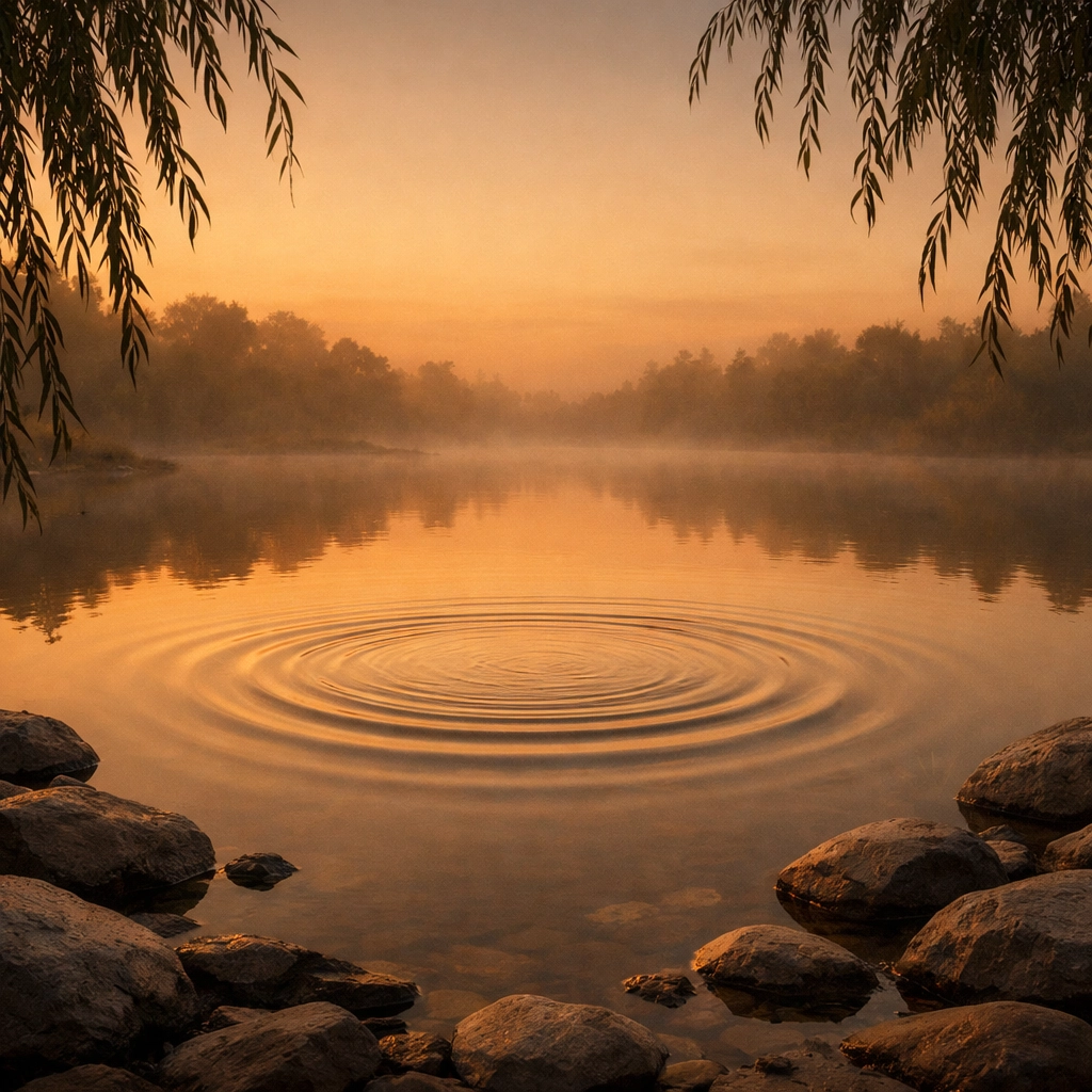 A calm pond with a gentle ripple representing clarity and self-empathy in relationships.