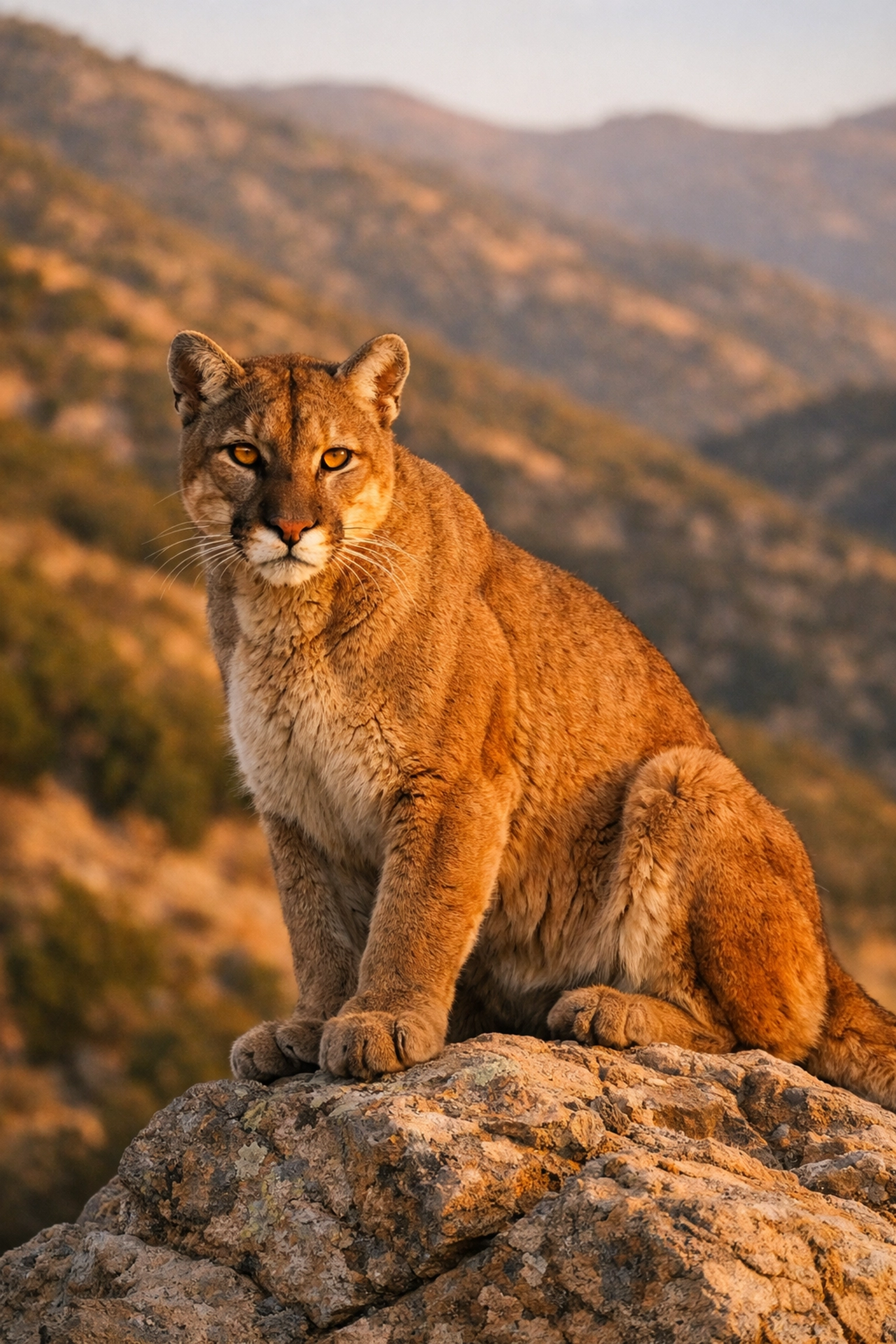 California mountain lion on rocky outcrop in wilderness habitat showing endangered species protection