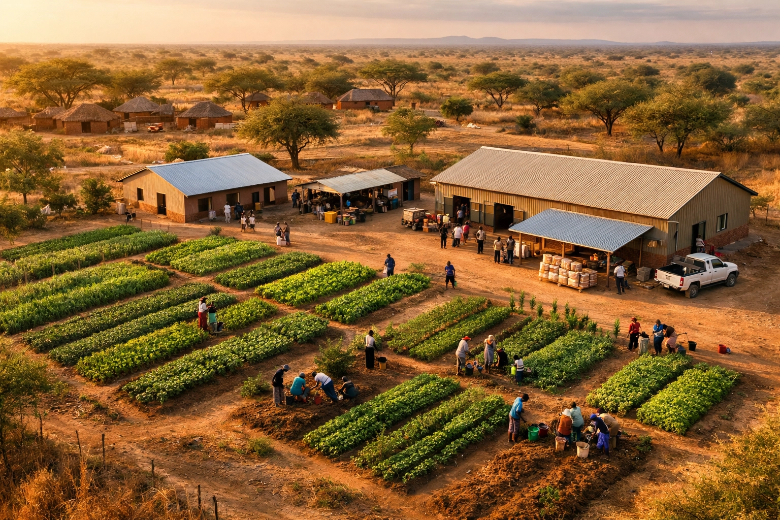 Agricultural community food distribution center showing humanitarian progress