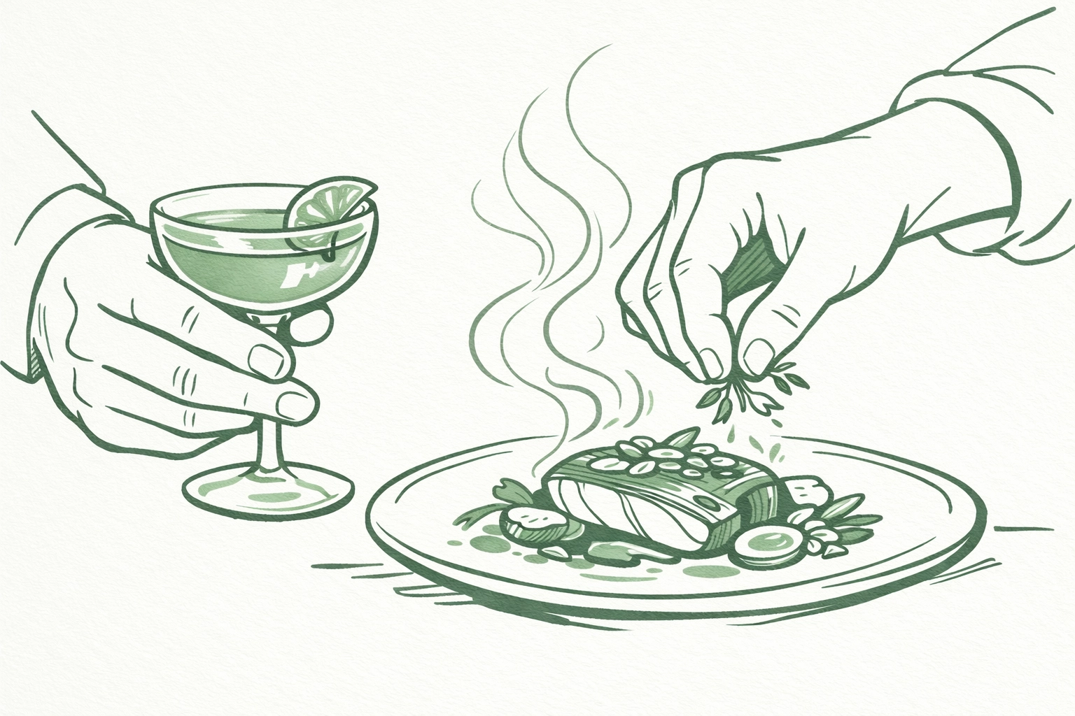 Chef and mixologist hands working together on dish and cocktail pairing