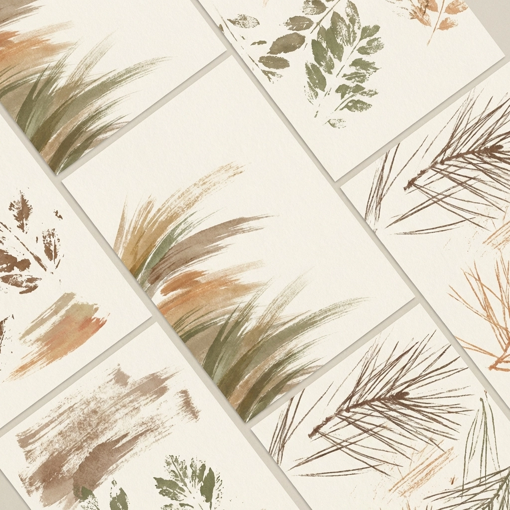 Paper sheets display unique brush strokes made with natural brushes using leaves, grasses, and pine needles to inspire farm art.