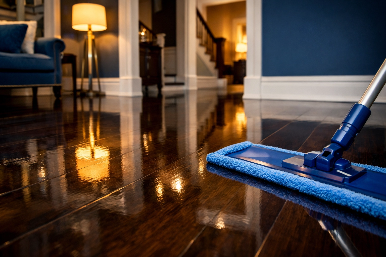 Deep cleaning Worcester results showing perfectly polished dark hardwood floors with an art museum-quality shine.