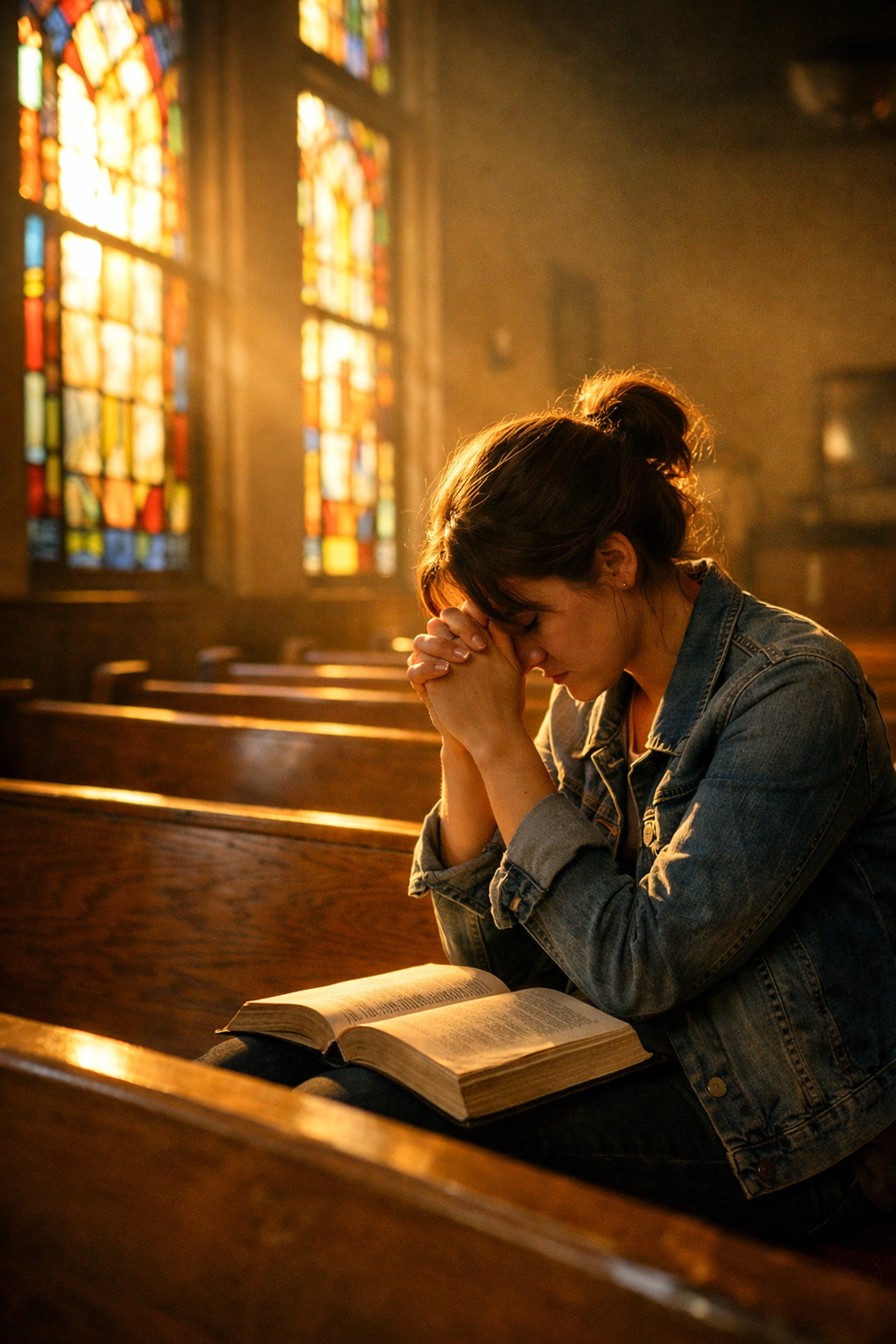 Woman praying with open Bible in church sanctuary during personal devotion time