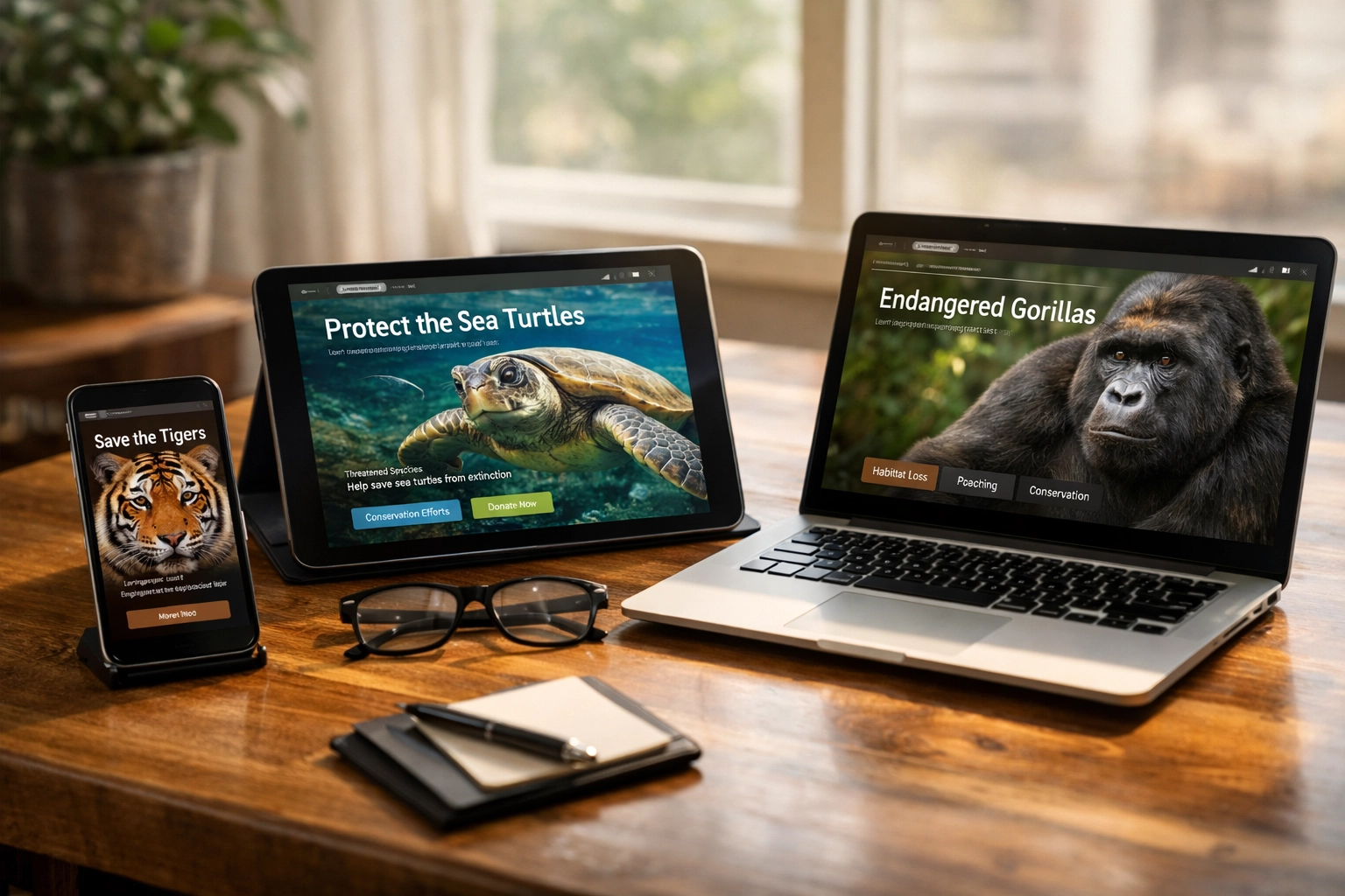 Multiple devices showing responsive zoo animal species pages with endangered wildlife photos