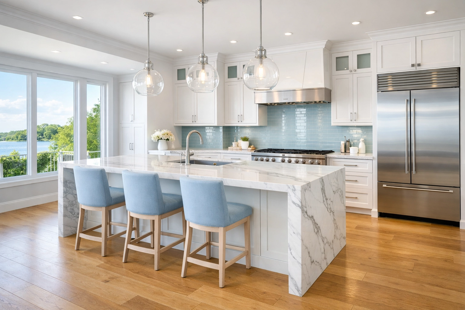 Spotless marble kitchen island after professional post construction cleaning in Milford home.