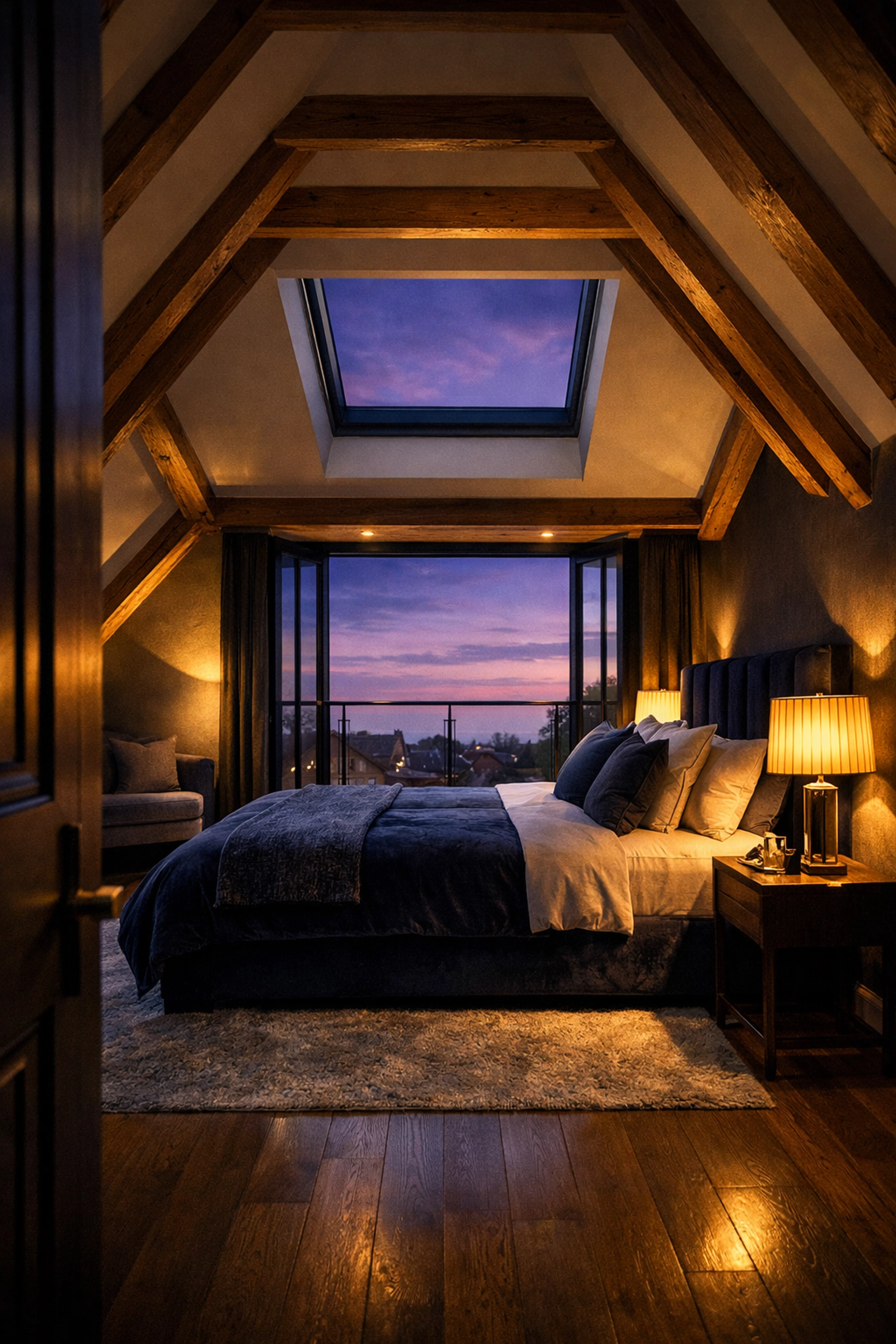 Luxury master suite with vaulted ceilings from a professional loft conversion in West Sussex.