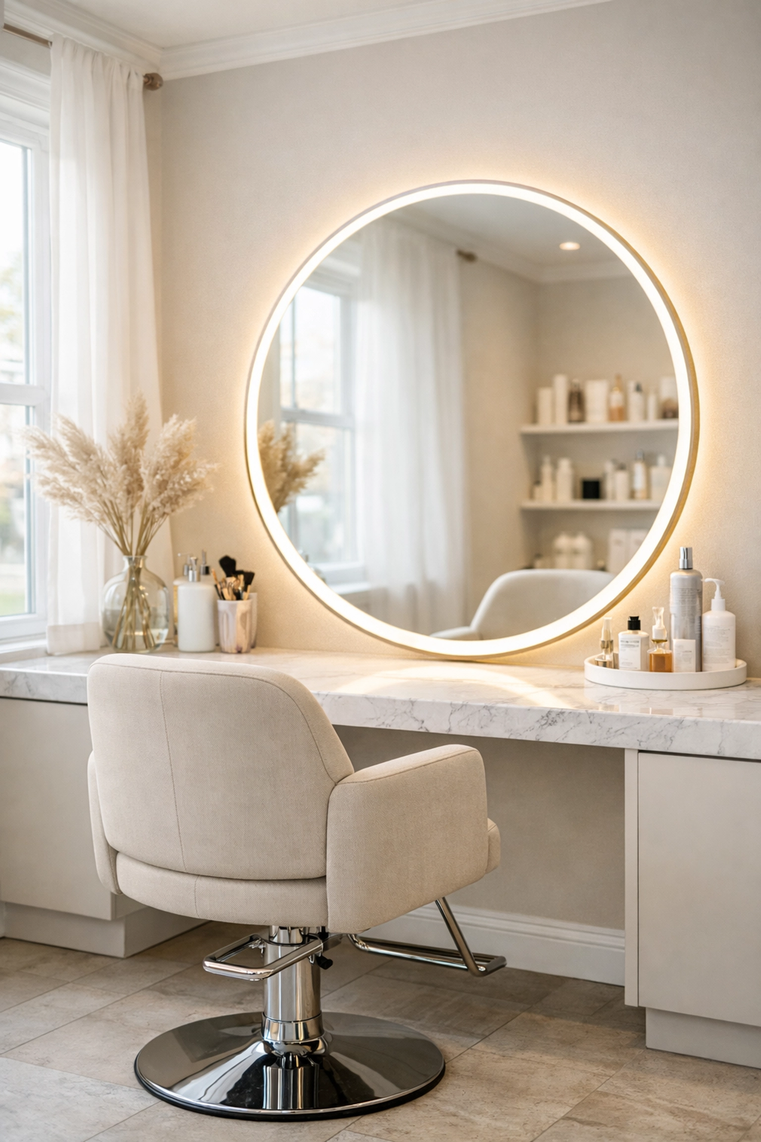 Modern and elegant styling station inside The Color Lounge, a premier beauty salon in Concord NH.