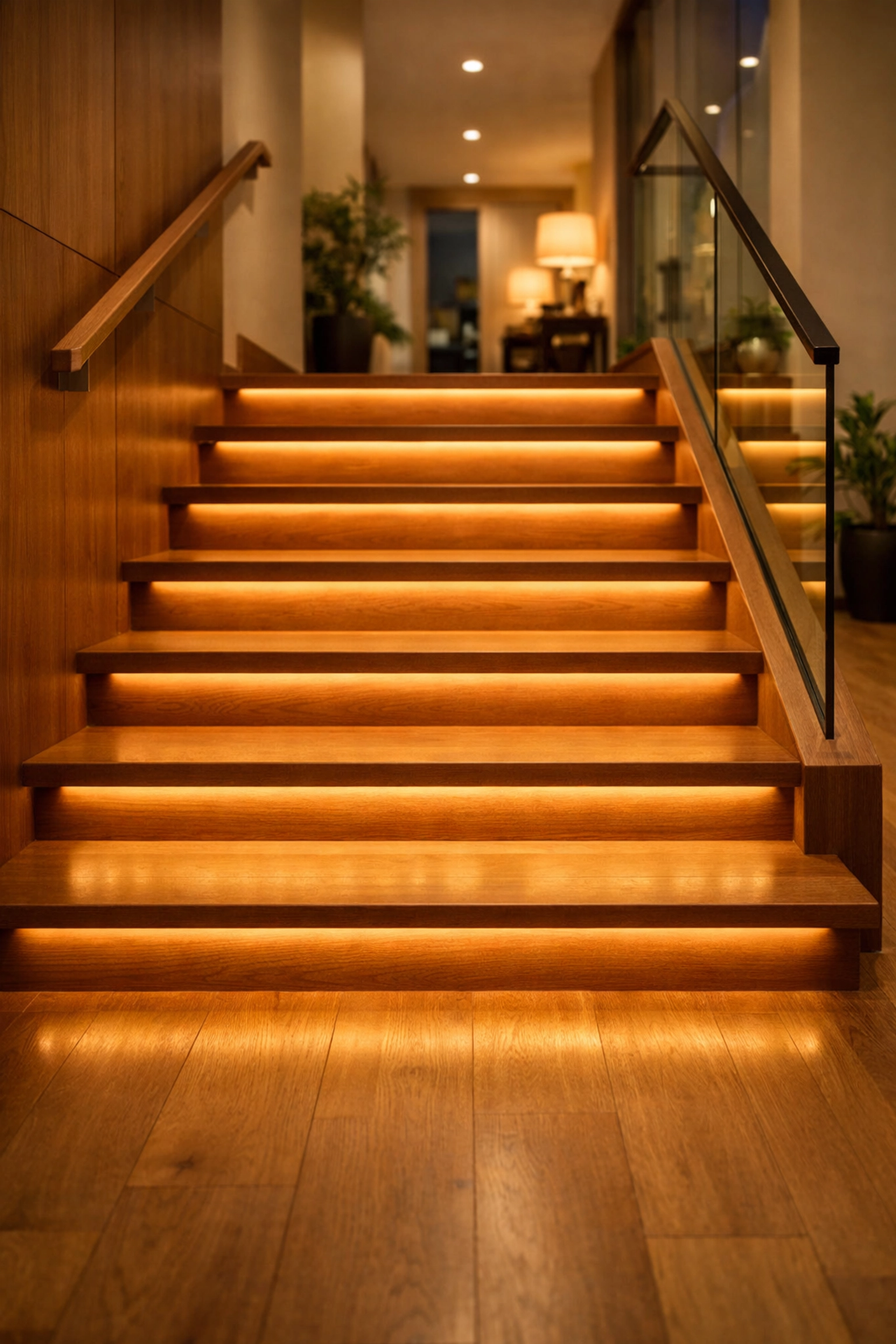 Wooden staircase with LED lighting under each step to improve visibility and prevent falls.