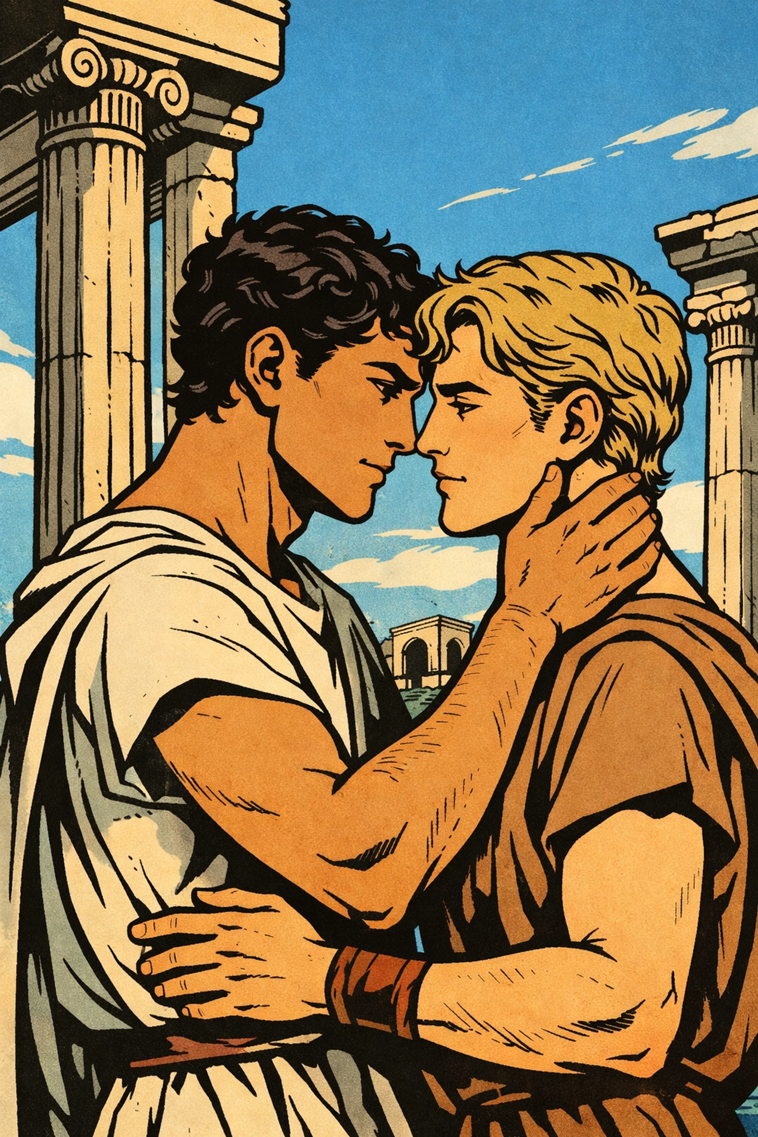 Two Roman men in intimate embrace representing ancient gay literature and MM romance